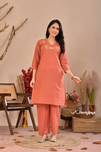 Peach Embroidered Straight Kurta Pant Set