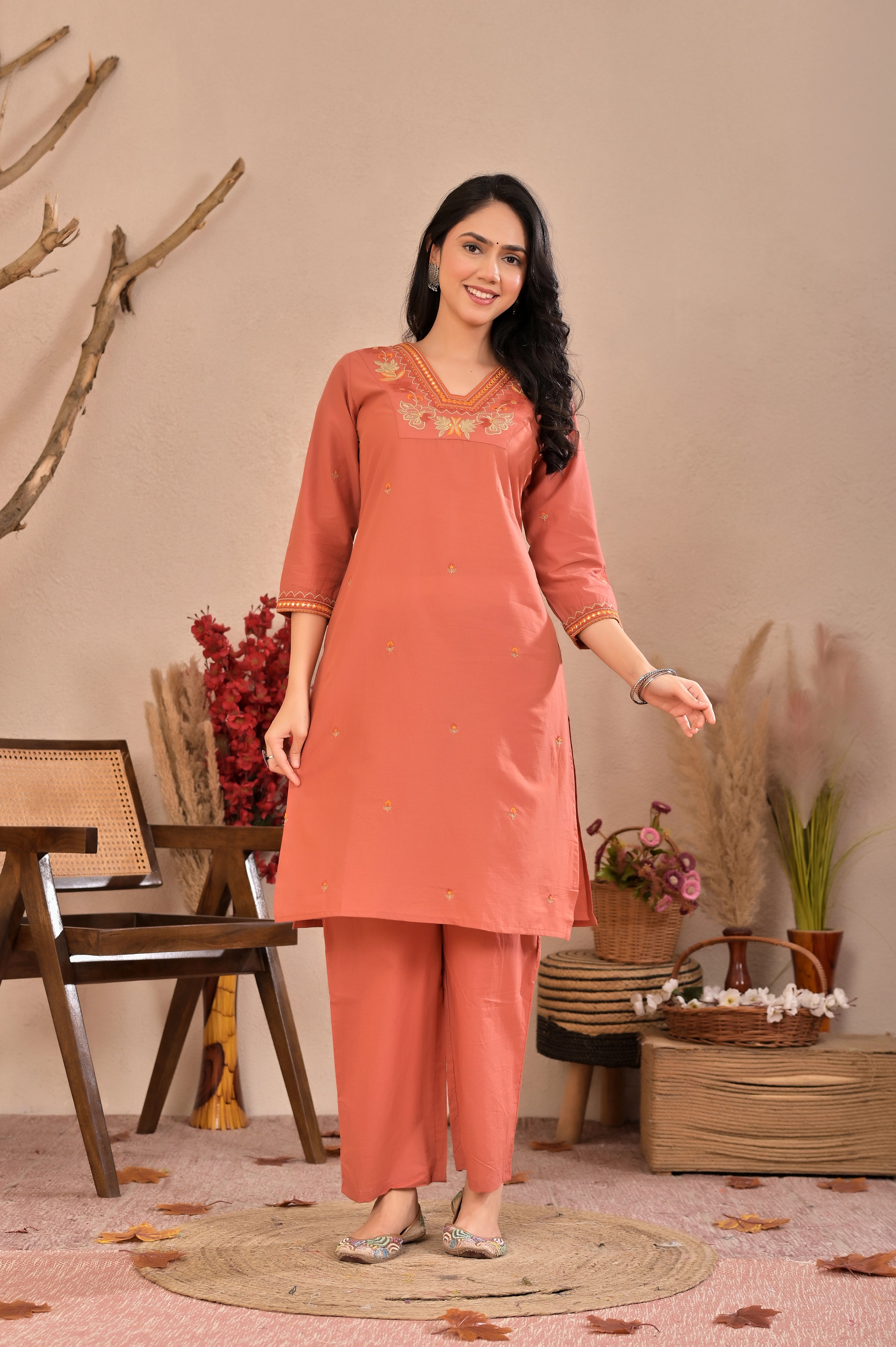 Peach Embroidered Straight Kurta Pant Set
