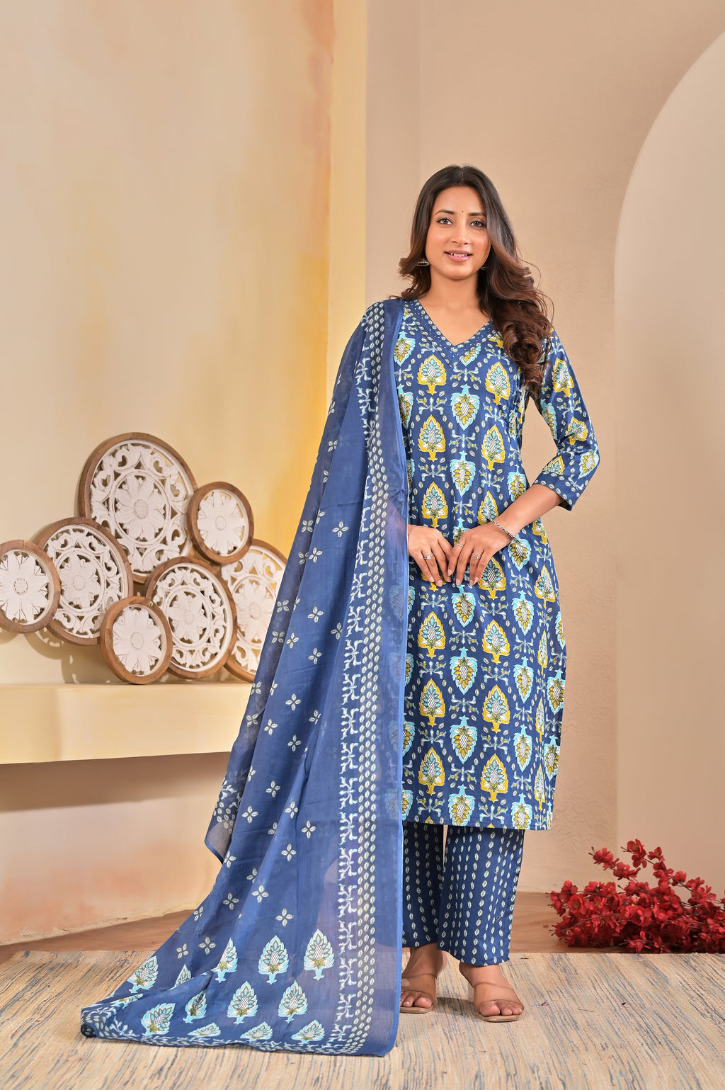 Heritage Bloom Cotton Printed Suit Set with Dupatta