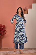 Navy Blue Floral Printed Kurta