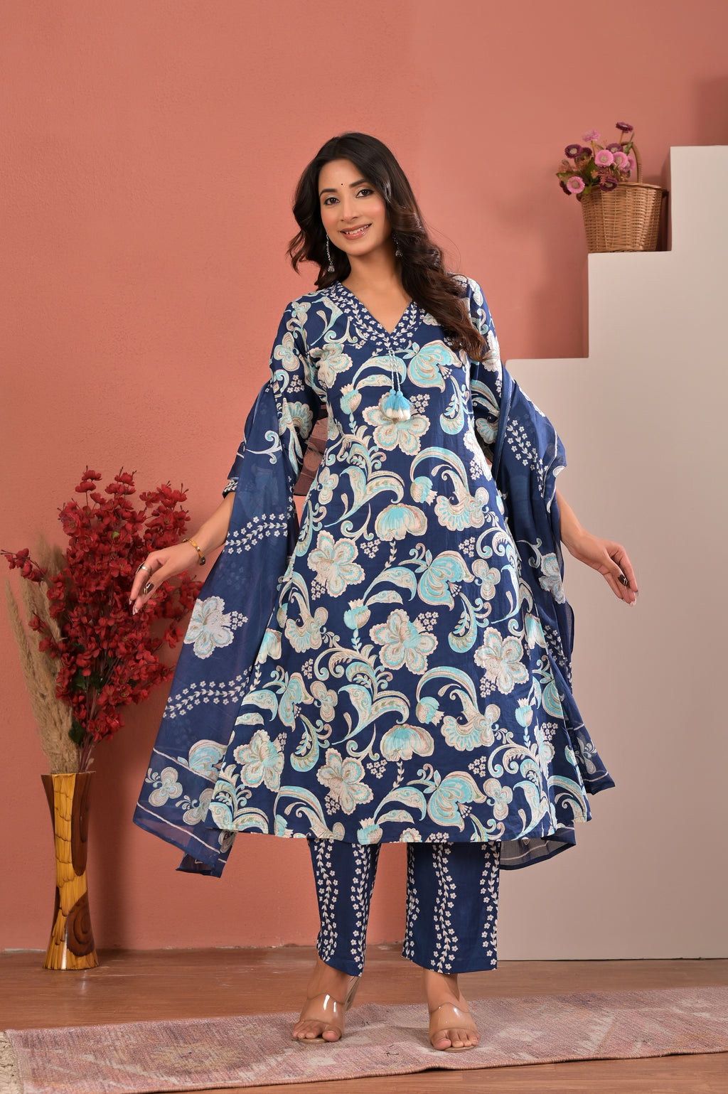 Navy Blue Floral Printed Kurta