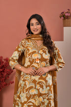 Mustard Floral Printed Kurta Pant Set with Dupatta