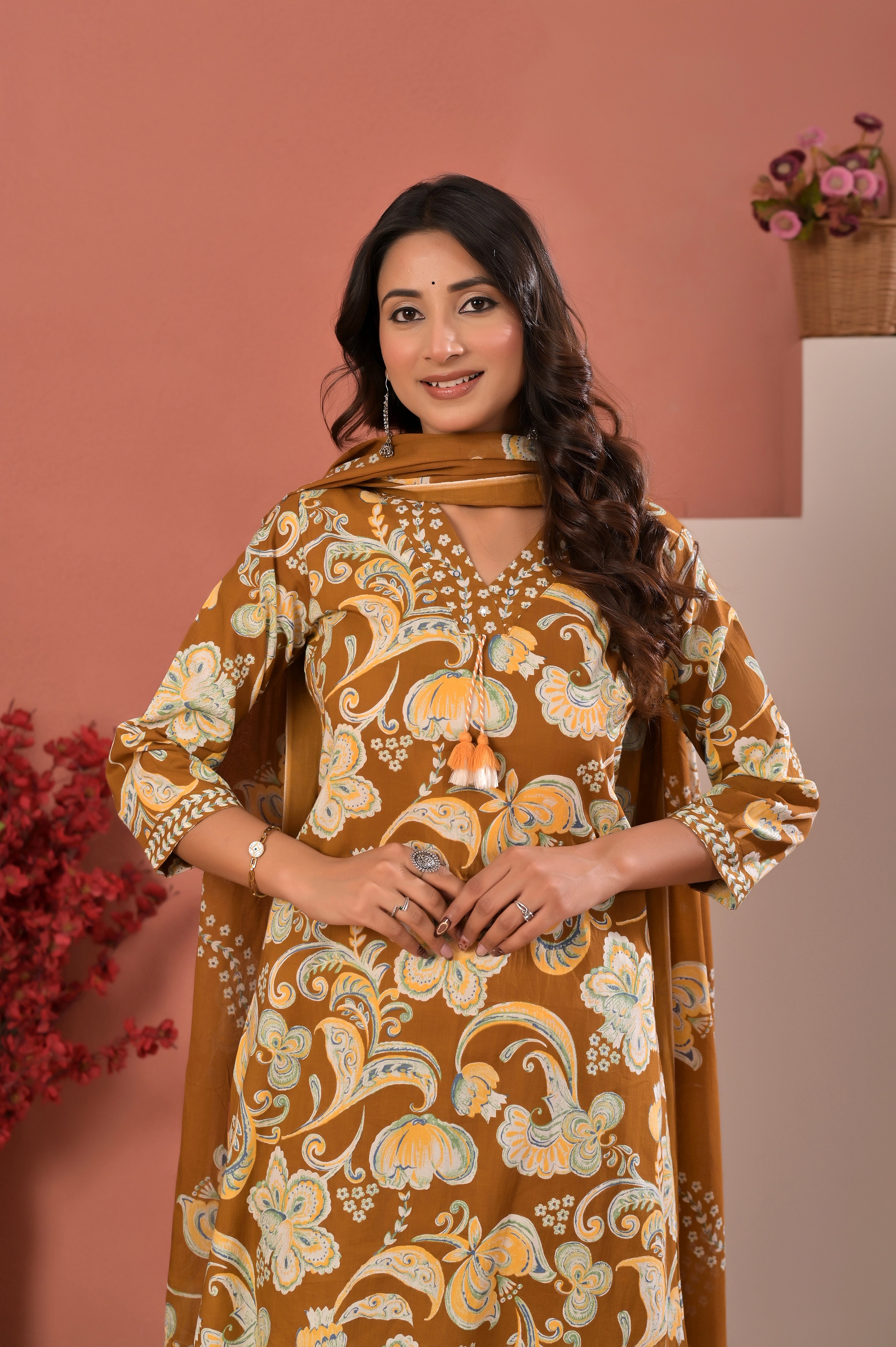 Mustard Floral Printed Kurta Pant Set with Dupatta