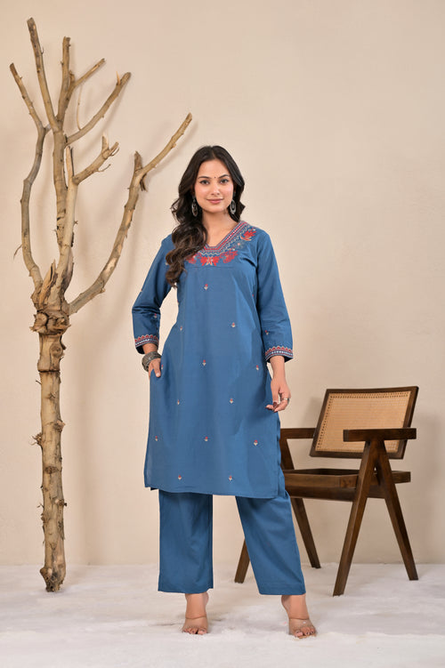 Dusty Blue Embroidered Kurta Pant Set