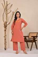 Coral Peach Embroidered Kurta Pant Set