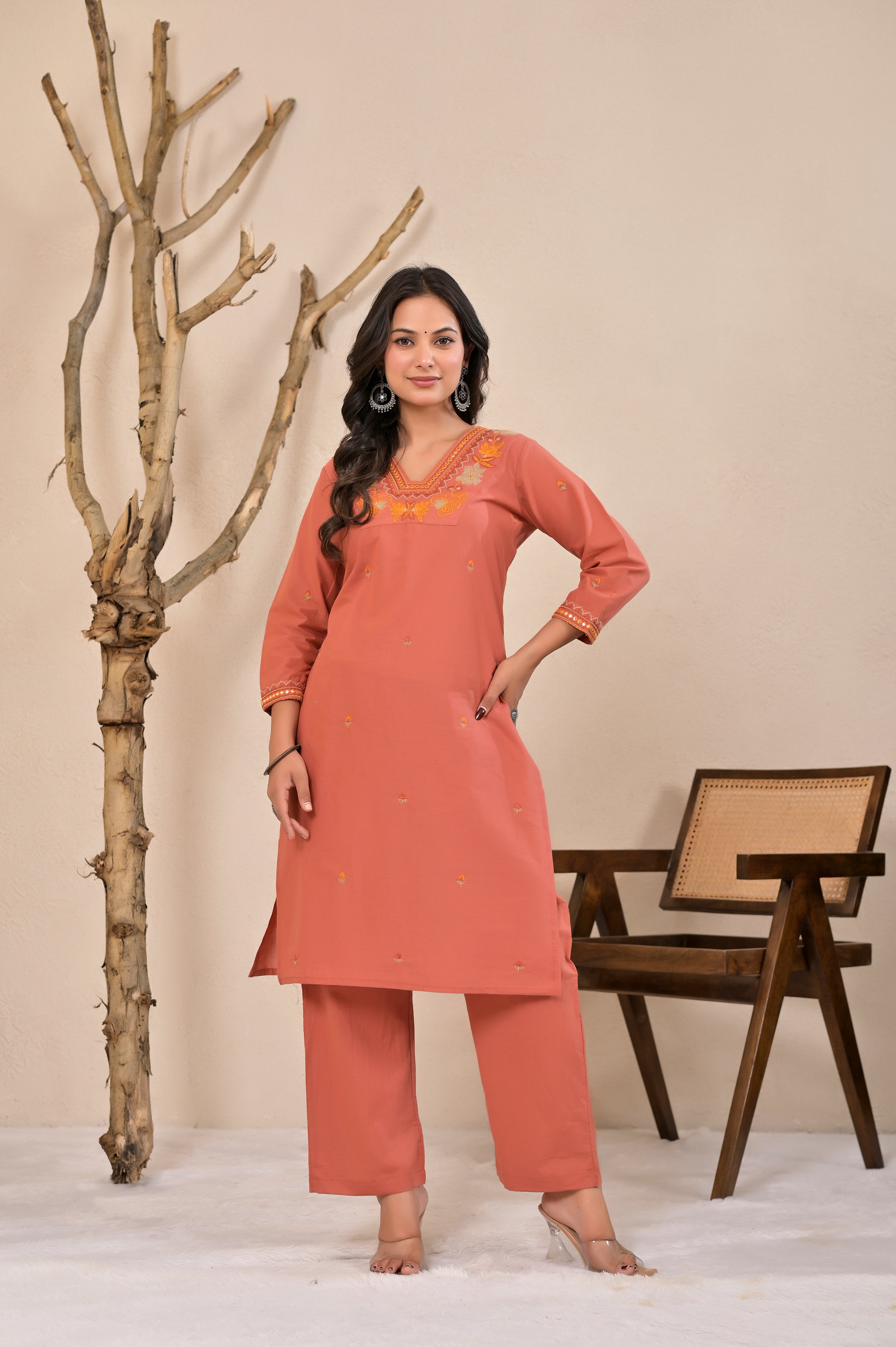 Coral Peach Embroidered Kurta Pant Set