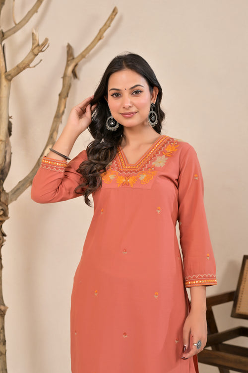 Coral Peach Embroidered Kurta Pant Set