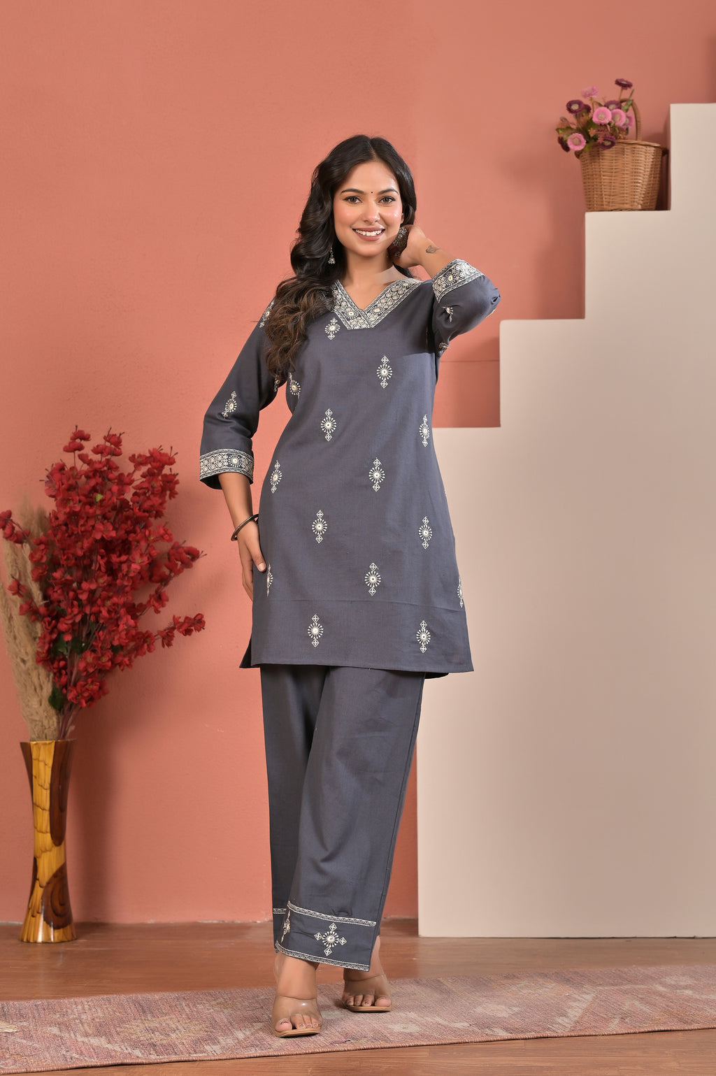 Embroidered Slate Grey Kurta Pant Set