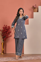 Embroidered Slate Grey Kurta Pant Set