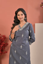 Embroidered Slate Grey Kurta Pant Set