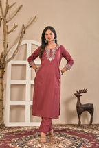 Straight Wine Embroidered  Kurta