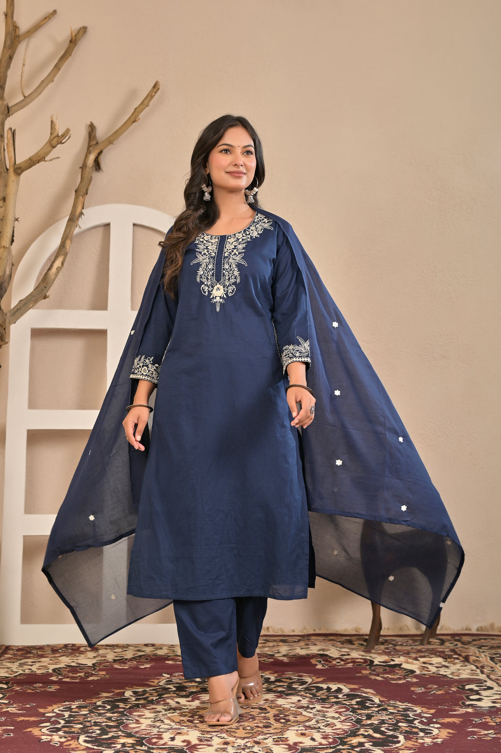 Navy Blue Printed Kurta Set with Dupatta