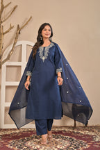 Navy Blue Printed Kurta Set with Dupatta