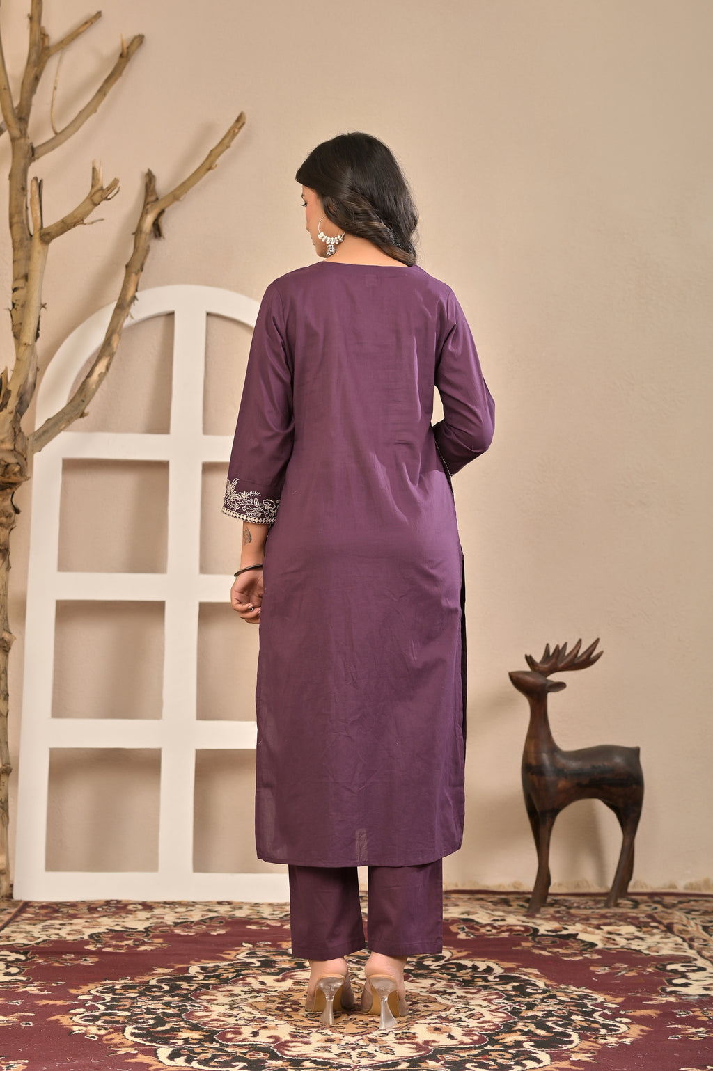 Royal Purple Embroidered Kurta Set with Floral Dupatta