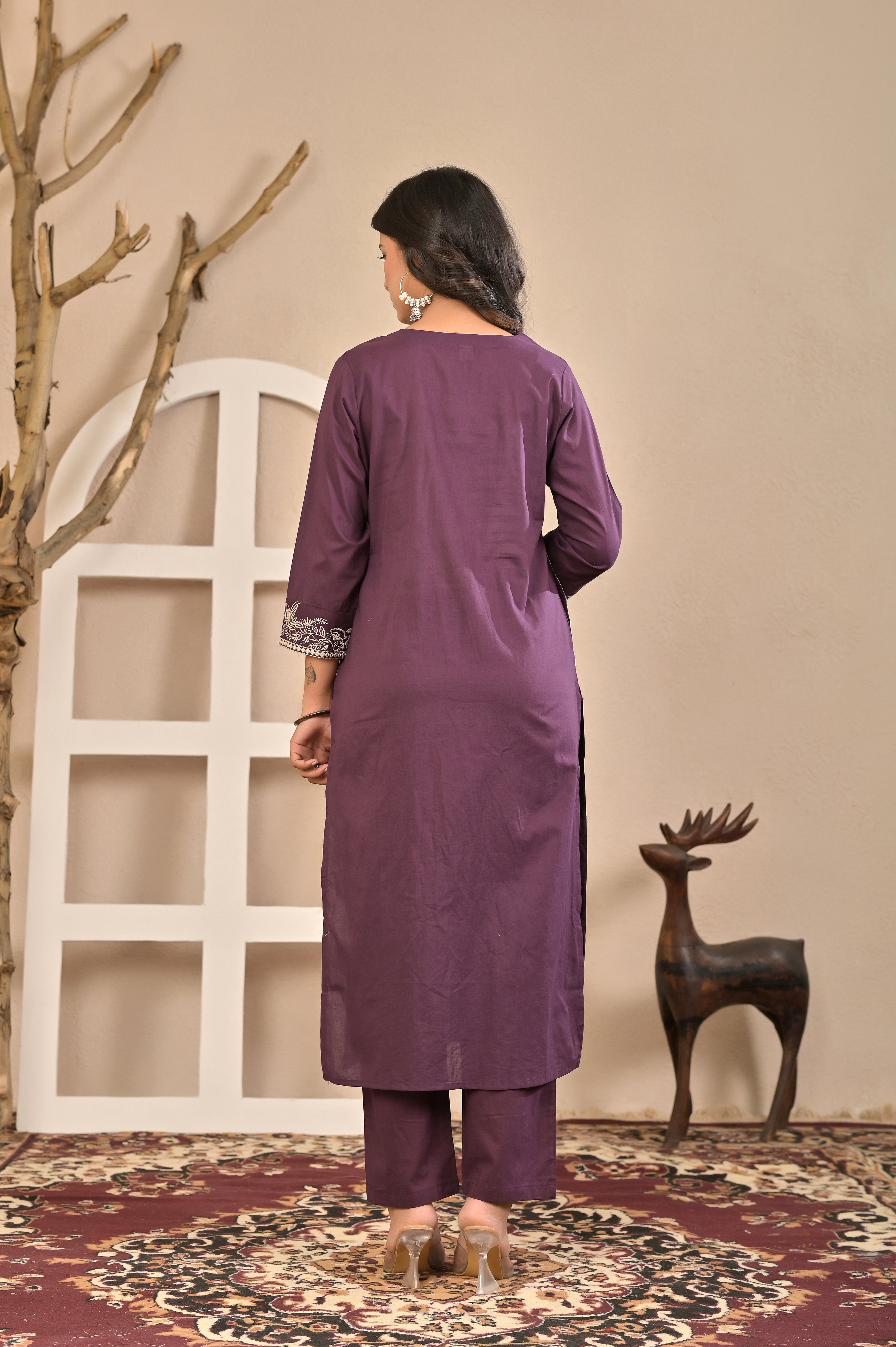 Royal Purple Embroidered Kurta Set with Floral Dupatta