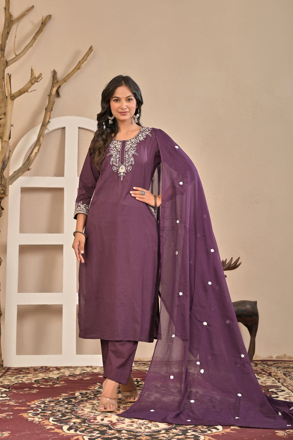 Royal Purple Embroidered Kurta Set with Floral Dupatta