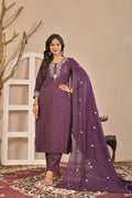 Royal Purple Embroidered Kurta Set with Floral Dupatta