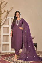 Royal Purple Embroidered Kurta Set with Floral Dupatta