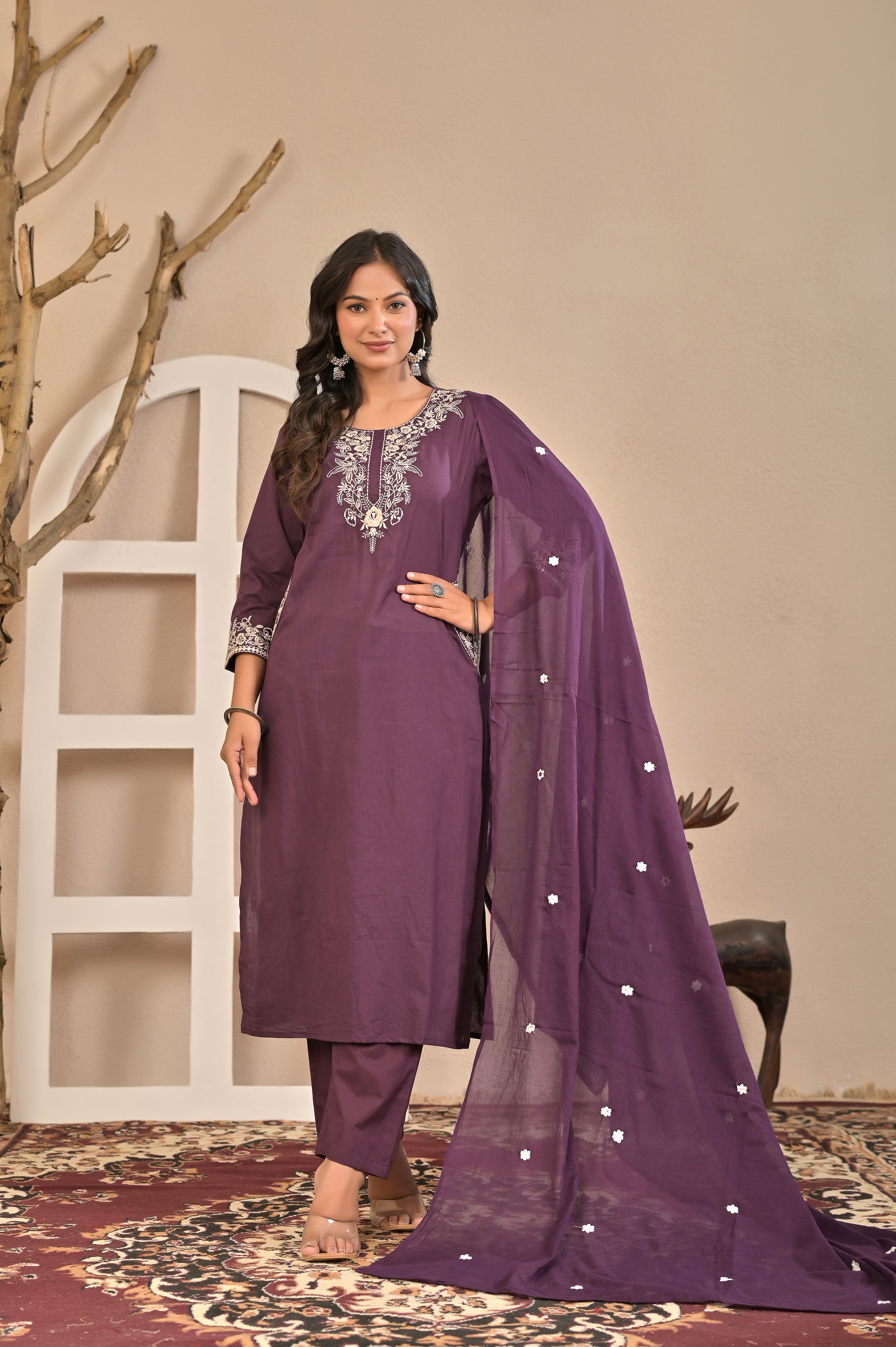 Royal Purple Embroidered Kurta Set with Floral Dupatta