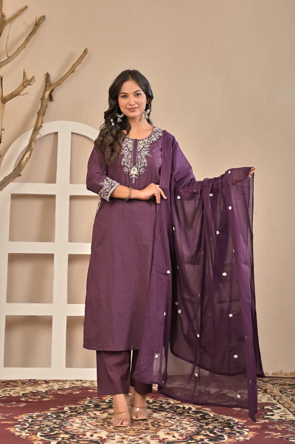 Royal Purple Embroidered Kurta Set with Floral Dupatta