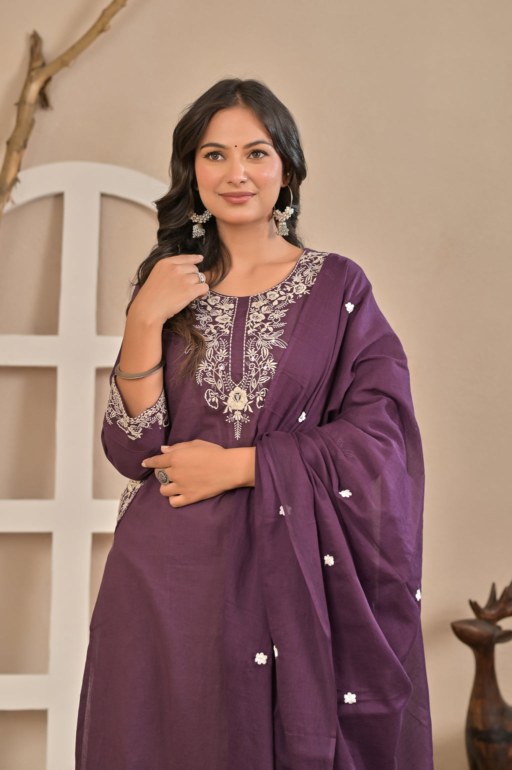 Royal Purple Embroidered Kurta Set with Floral Dupatta