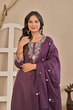 Royal Purple Embroidered Kurta Set with Floral Dupatta