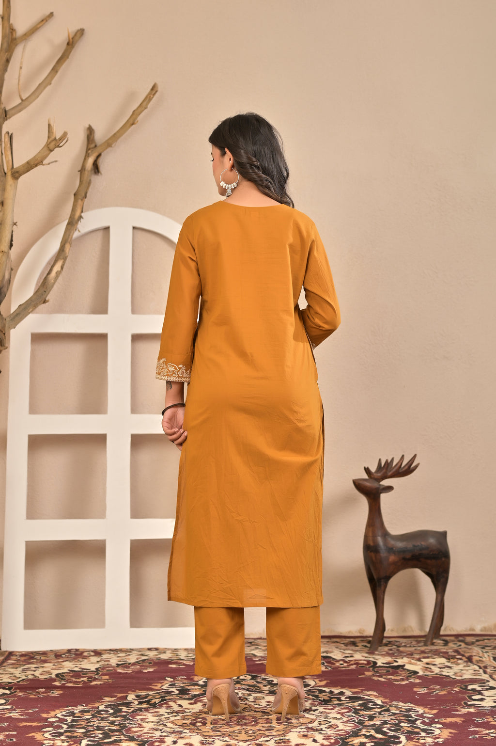 Mustard Embroidered Straight Kurta Set with Floral Dupatta