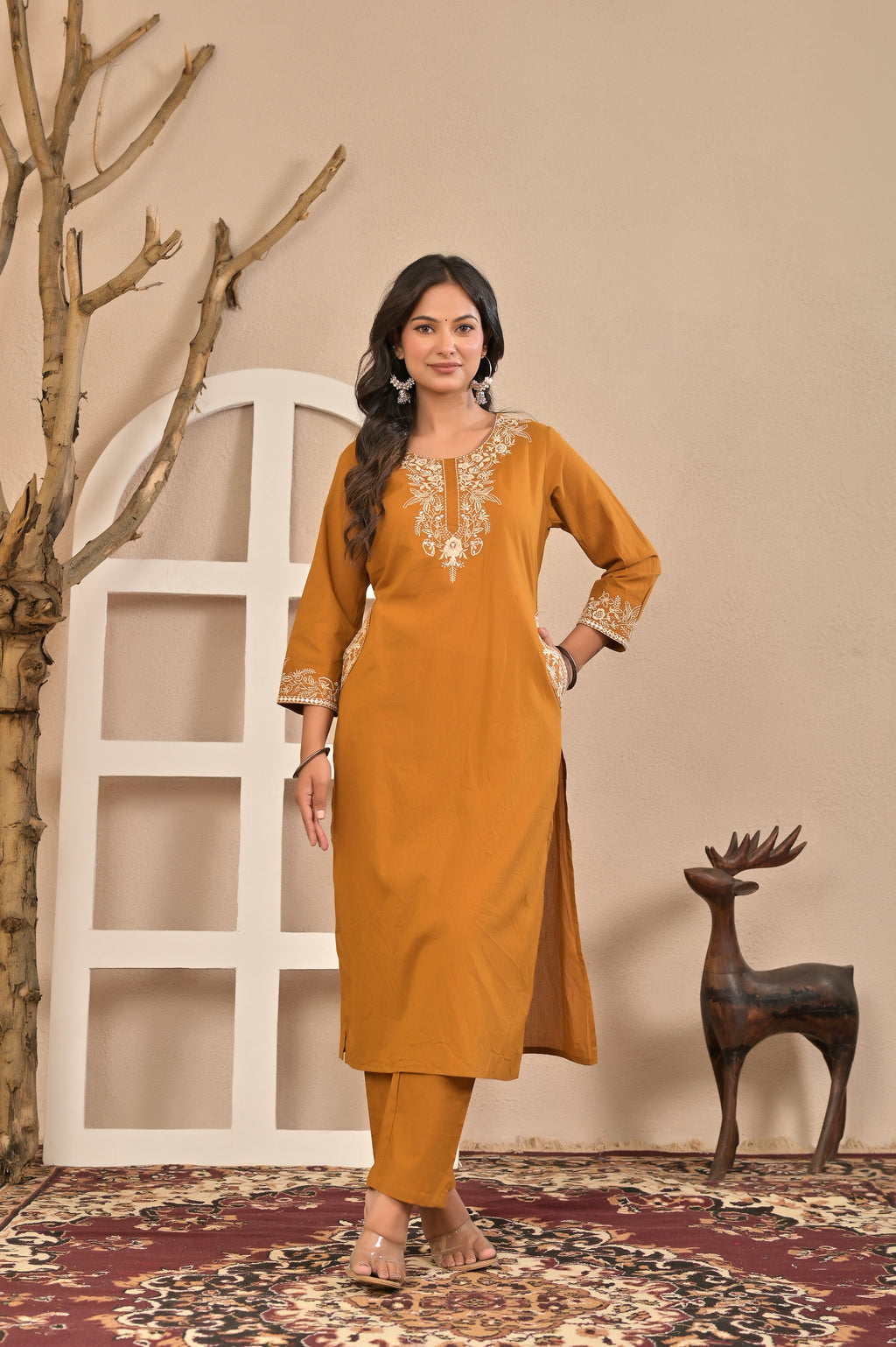 Mustard Embroidered Straight Kurta Set with Floral Dupatta