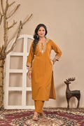 Mustard Embroidered Straight Kurta Set with Floral Dupatta
