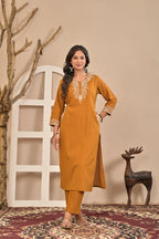 Mustard Embroidered Straight Kurta Set with Floral Dupatta