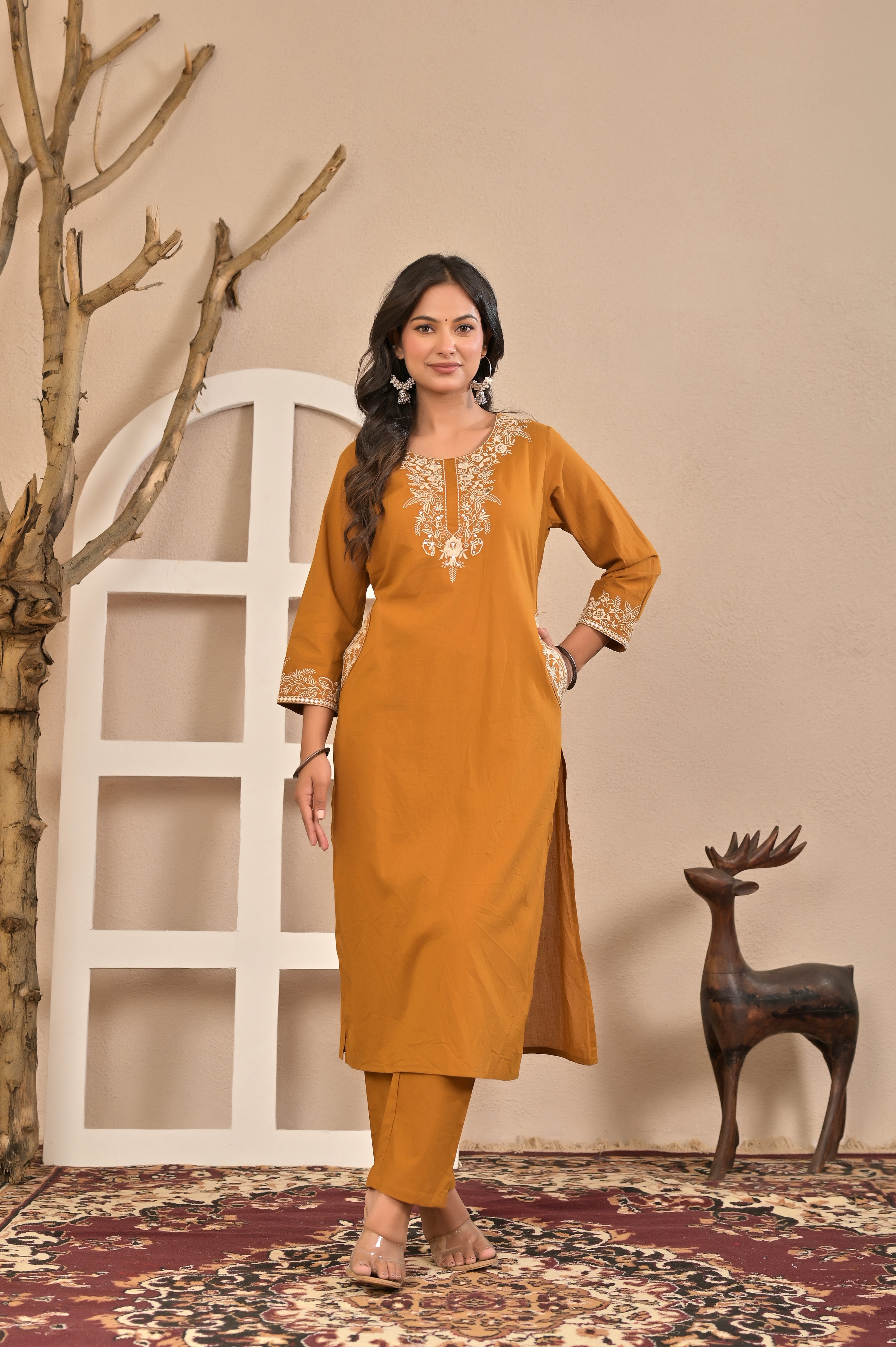 Mustard Embroidered Straight Kurta Set with Floral Dupatta