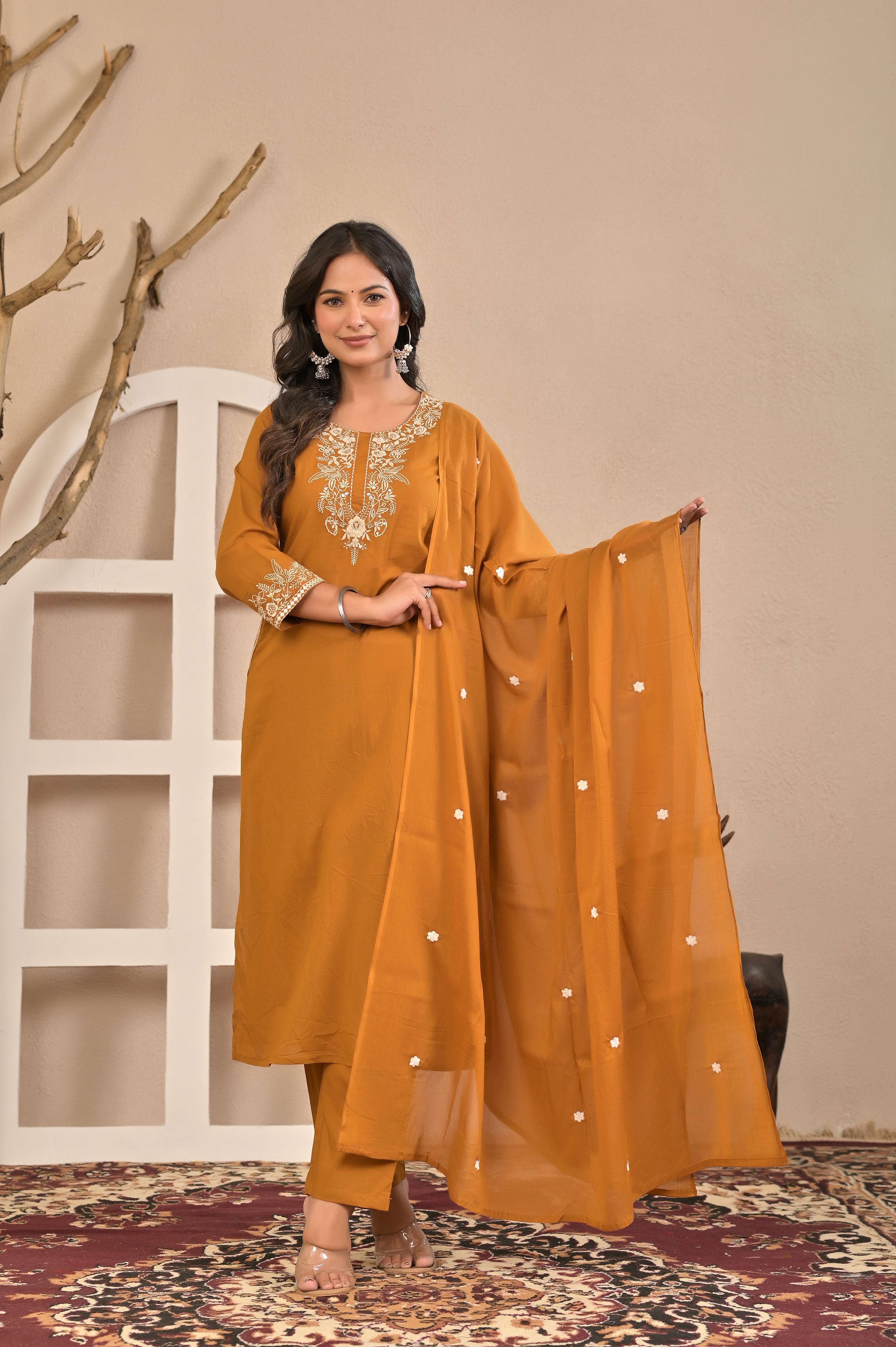Mustard Embroidered Straight Kurta Set with Floral Dupatta
