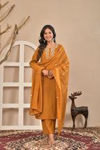 Mustard Embroidered Straight Kurta Set with Floral Dupatta