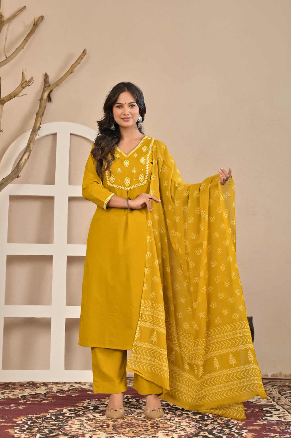 Mustard Printed Kurta Set with Dupatta