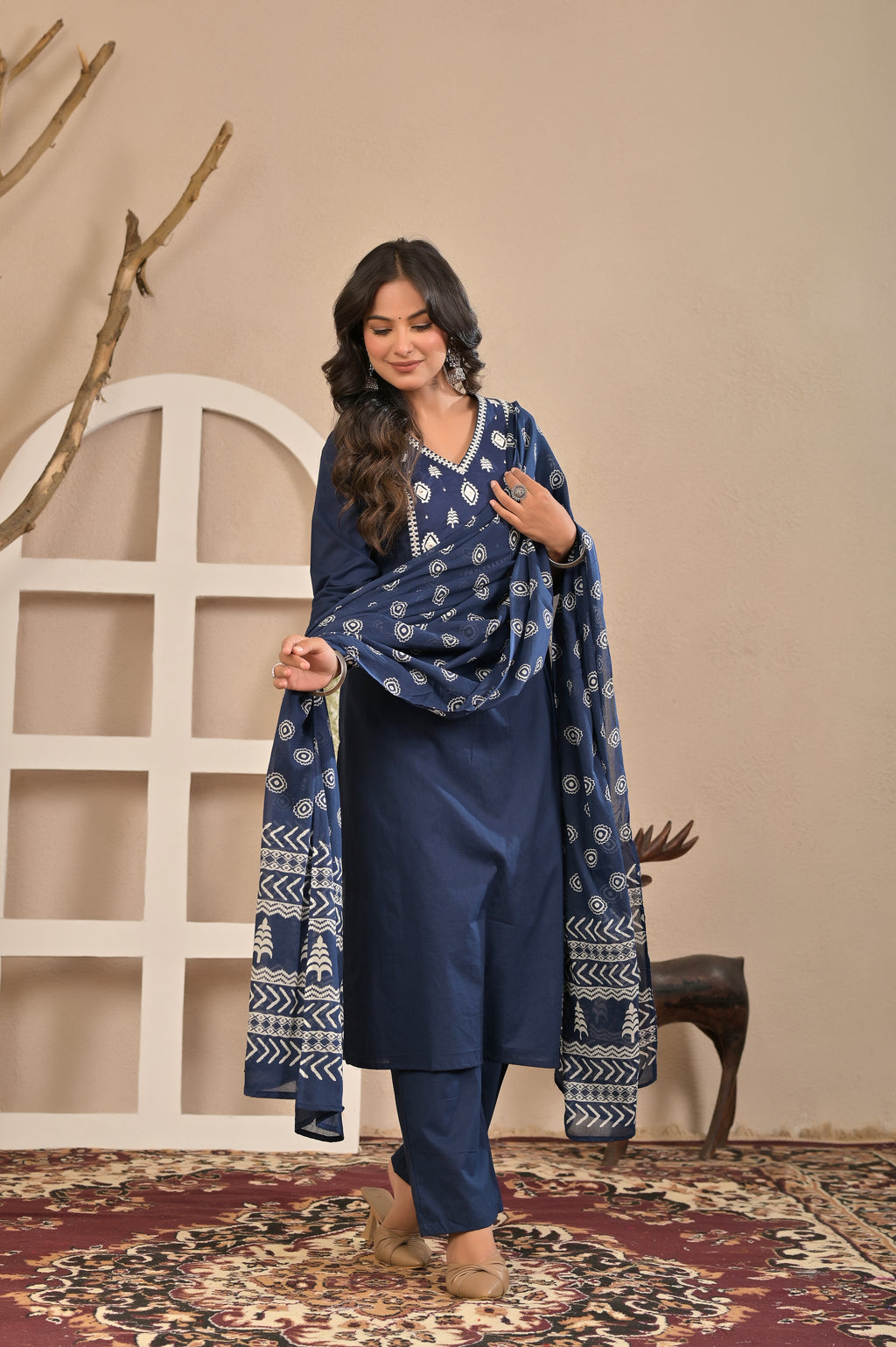 Navy Blue Printed Kurta Set with Dupatta
