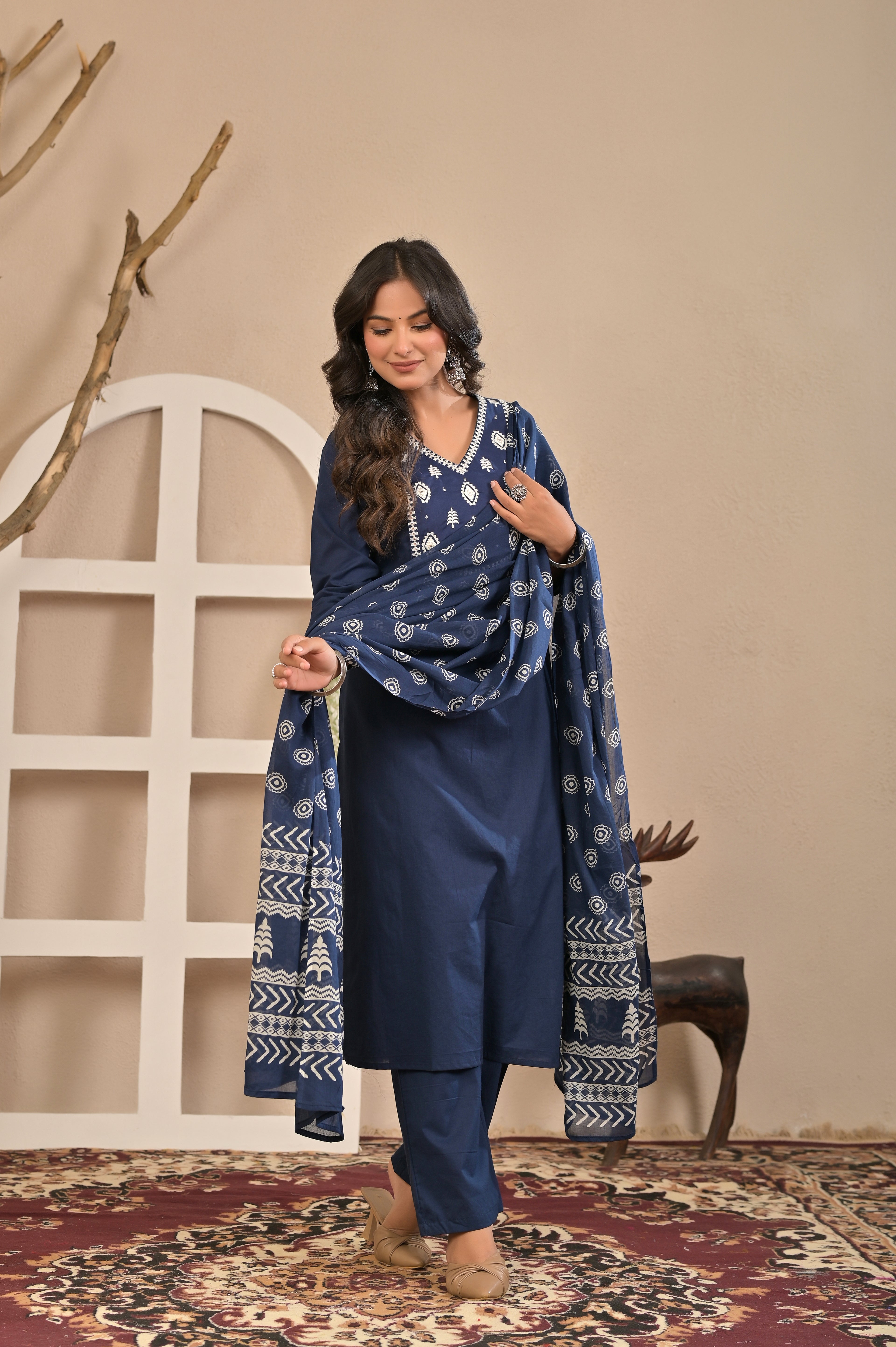 Navy Blue Printed Kurta Set with Dupatta