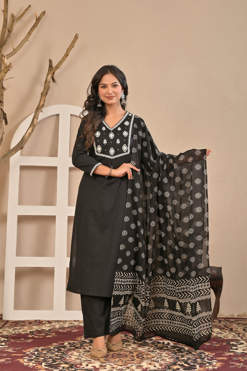 Black Printed Kurta Set with Dupatta