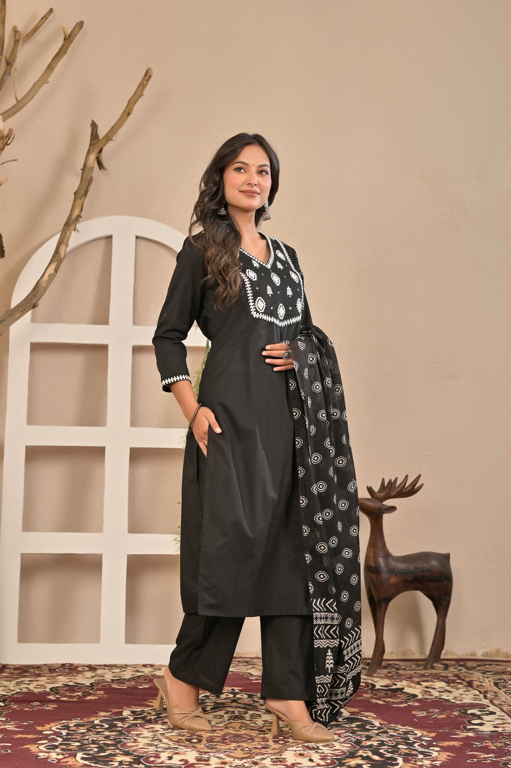 Black Printed Kurta Set with Dupatta