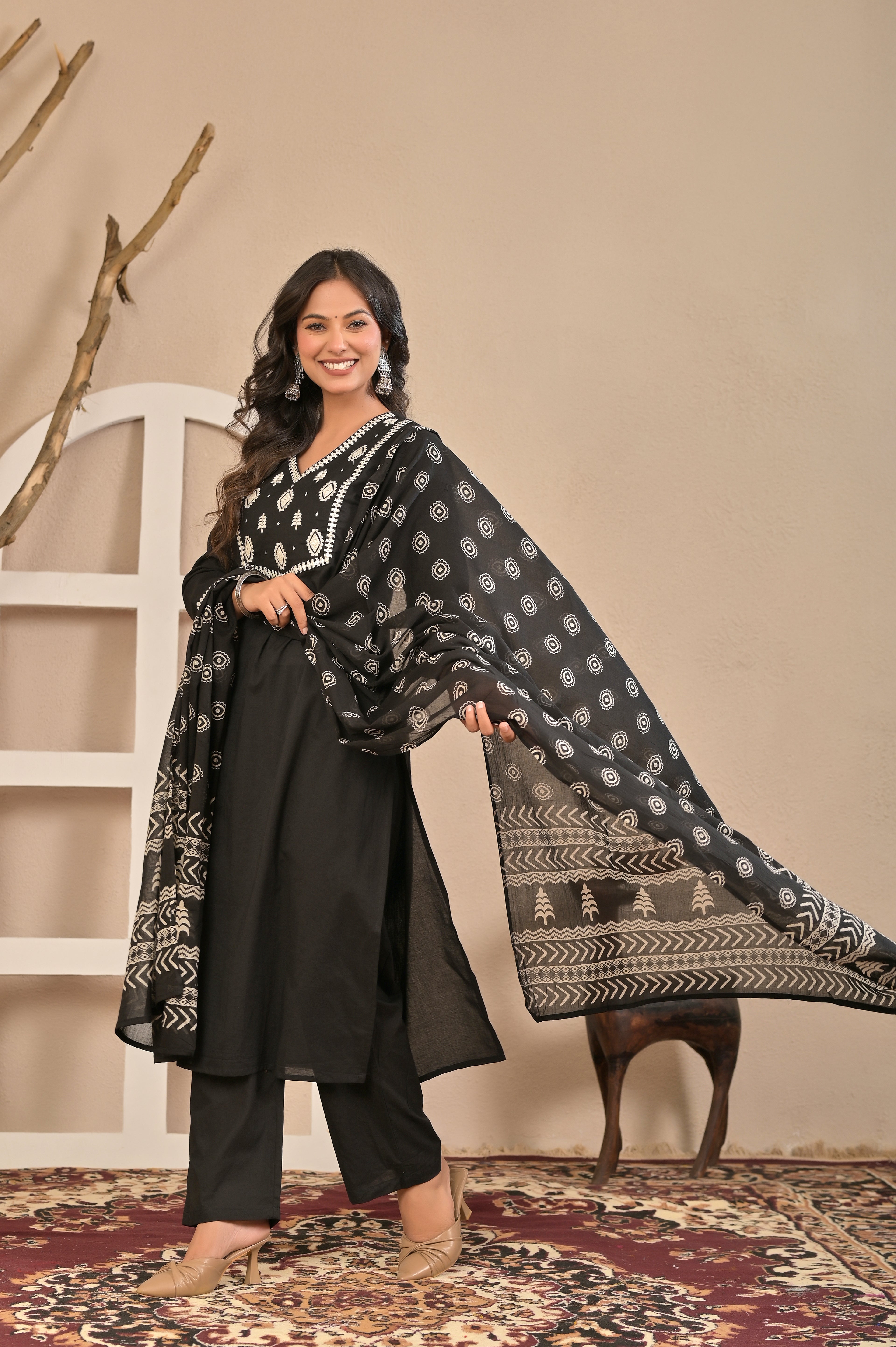 Black Printed Kurta Set with Dupatta