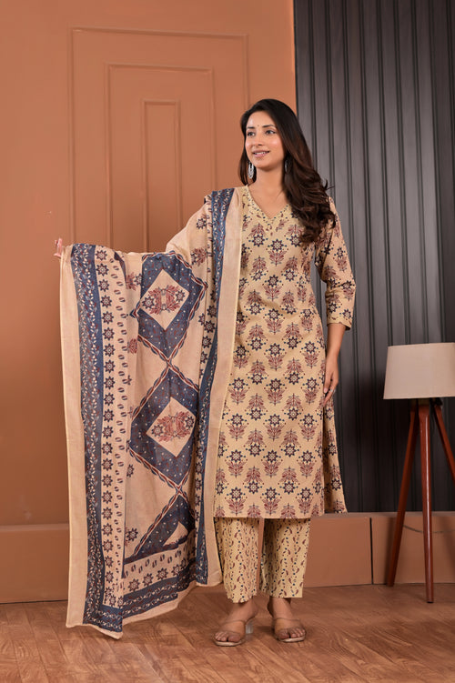 Blue Floral Print Kurta Set with Dupatta