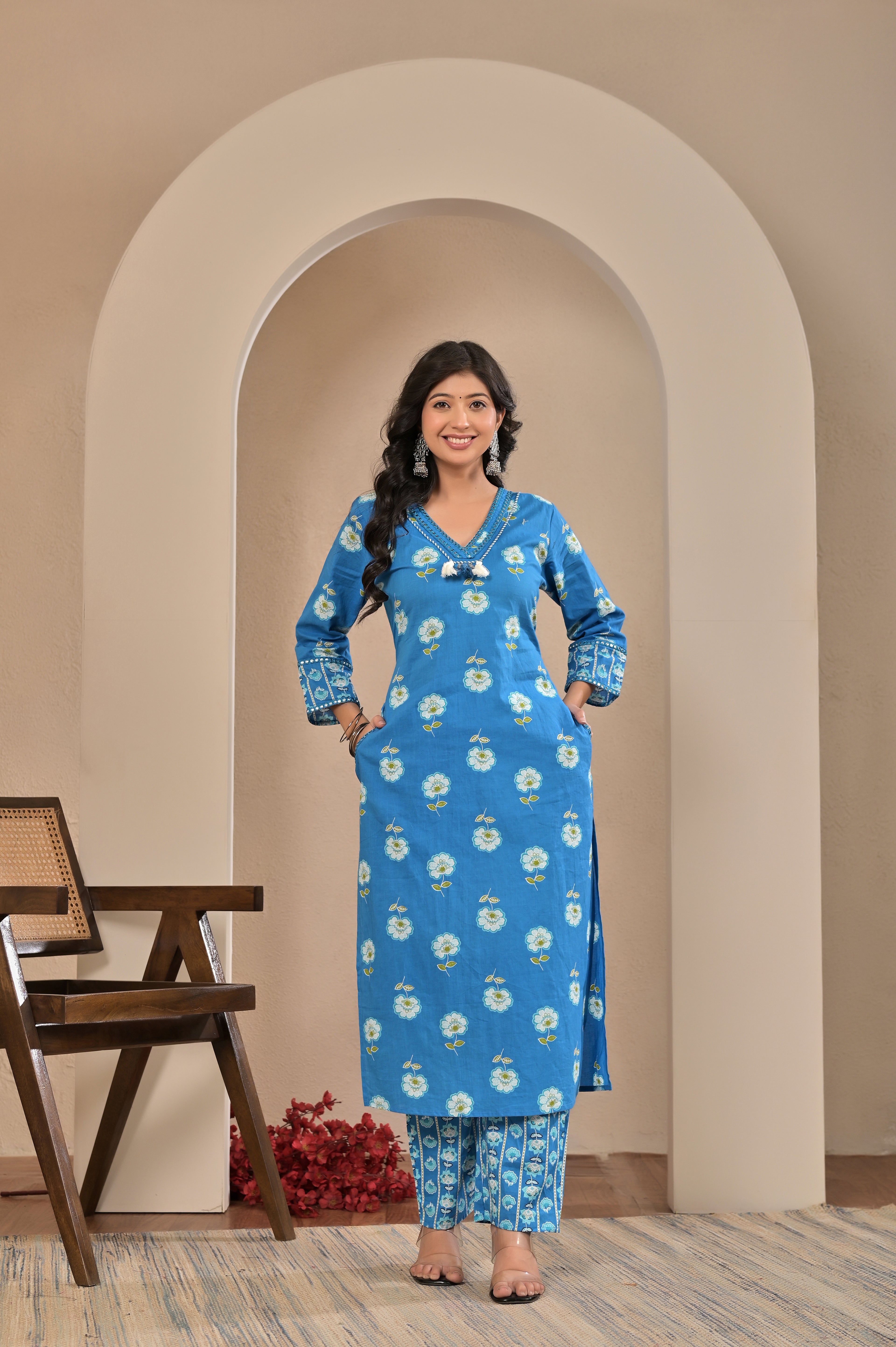 Azure Bloom Cotton Suit Set