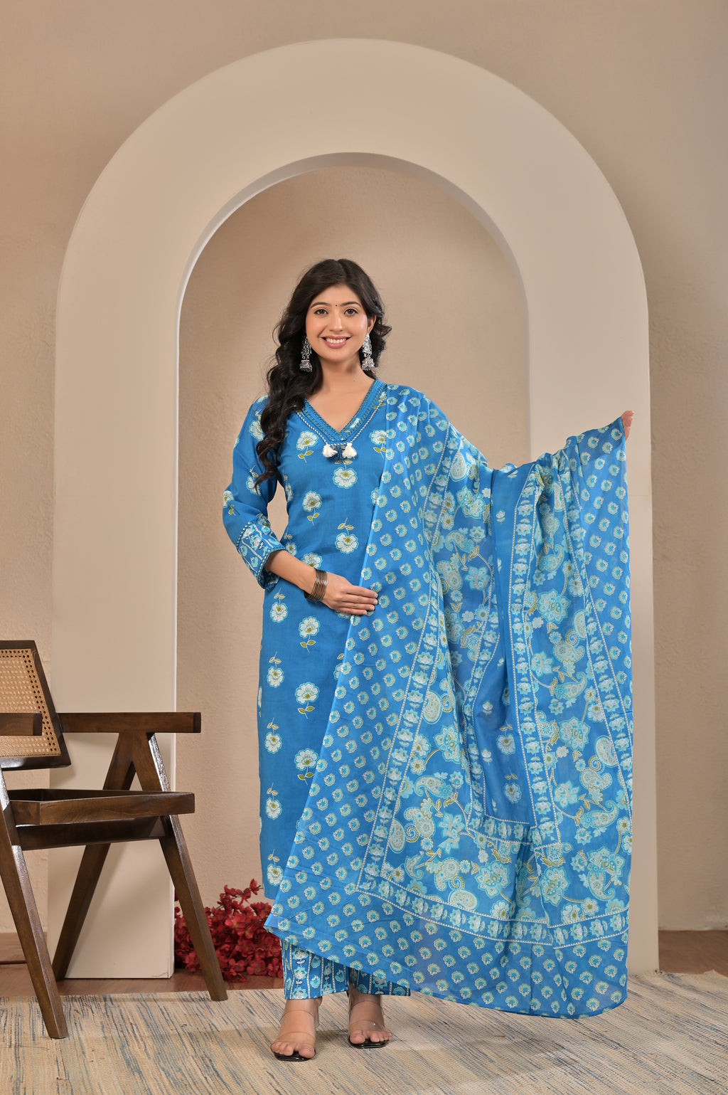Azure Bloom Cotton Suit Set