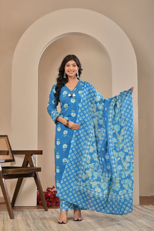 Blue Azure Bloom Cotton Suit Set
