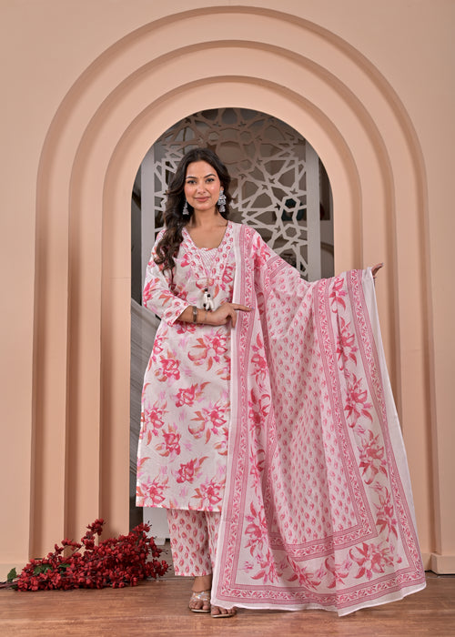Cotton Printed Pink Floral Elegance Suit