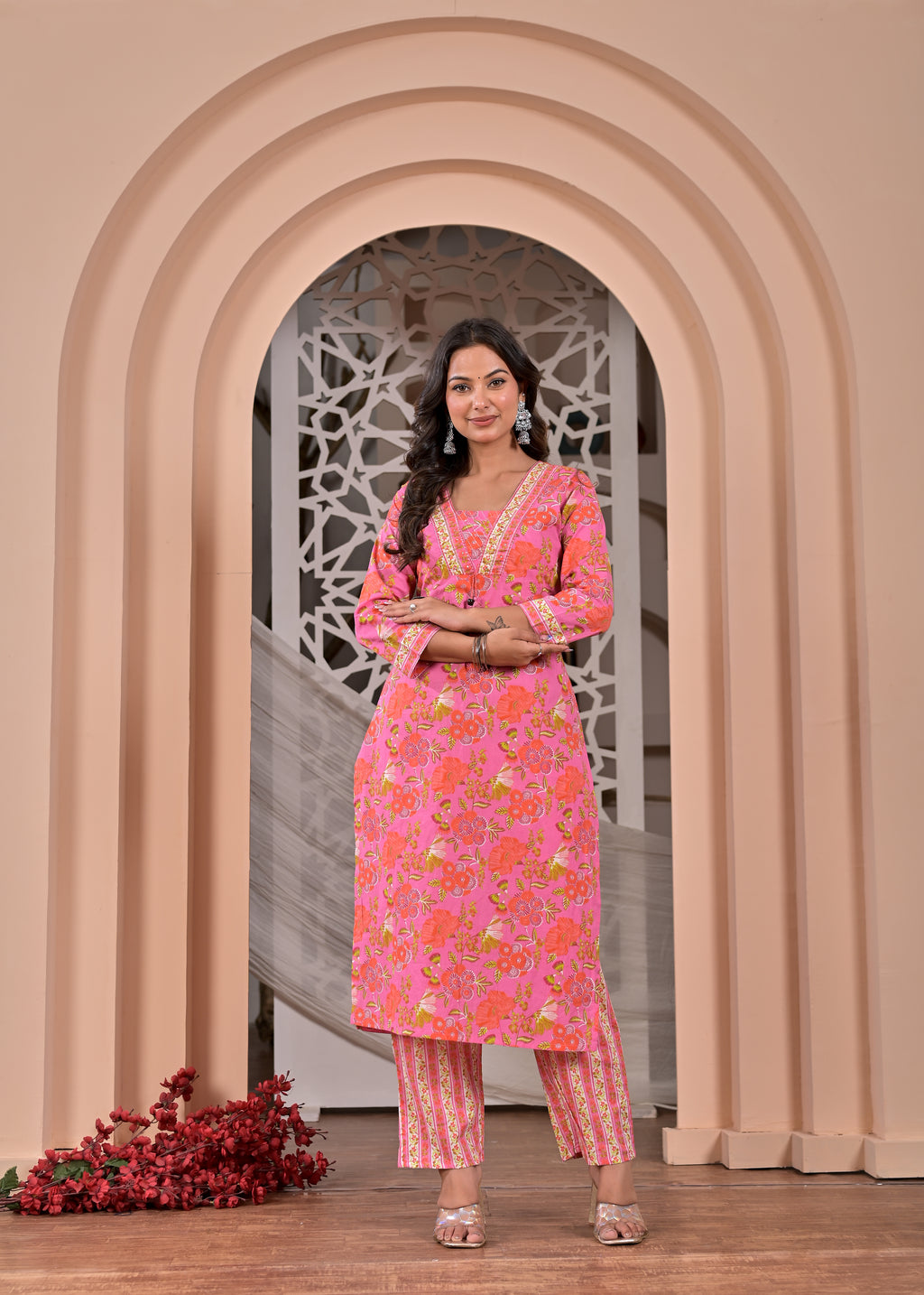 Rosy Bloom Cotton Printed Suit Set with Dupatta