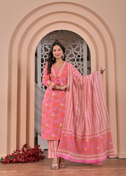 Cotton Rosy Bloom Printed Suit Set with Dupatta