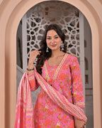 Rosy Bloom Cotton Printed Suit Set with Dupatta