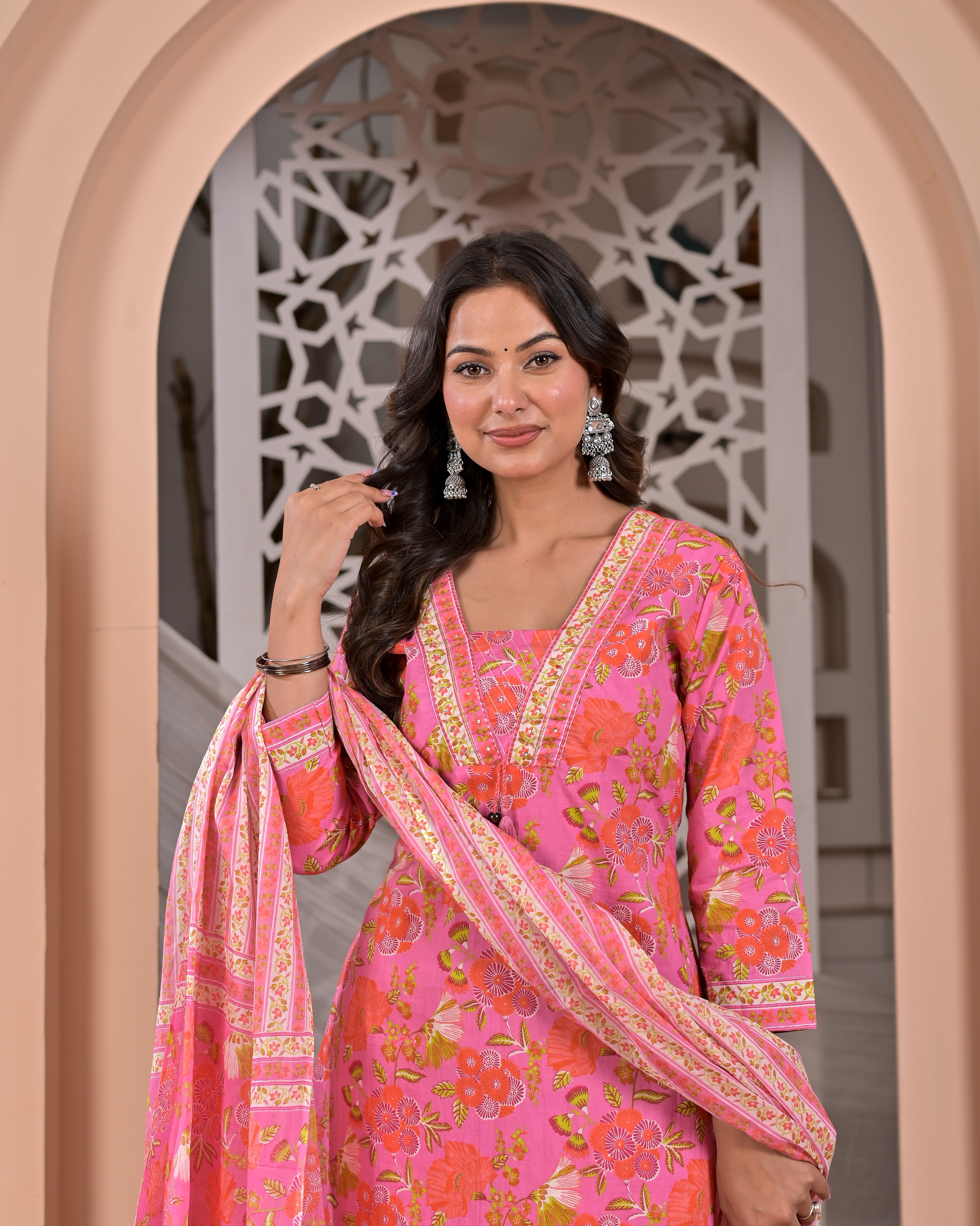 Rosy Bloom Cotton Printed Suit Set with Dupatta