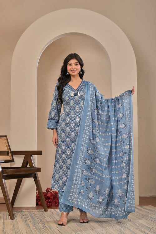 Blue Petal Grace Cotton Suit Set