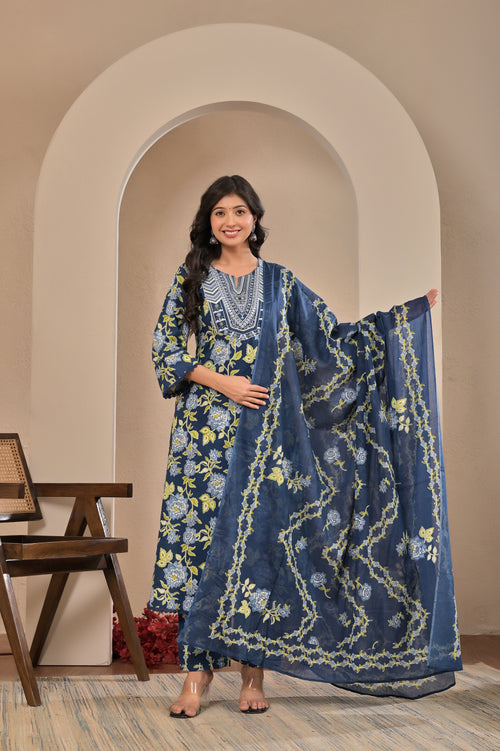 Blue FloralElegance Cotton Suit Set